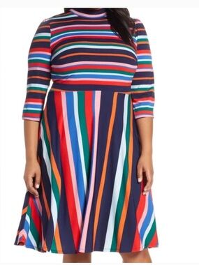 Eloquii Multicolor Rainbow Striped Tie Nape Popover A-Line Midi Dress Size 14